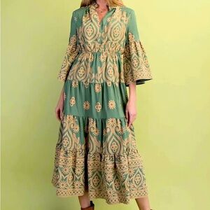 Textured Print Tiered Dress Ruffled Neck Bell Sleeves Green & Cream Embroidered
